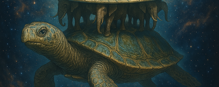 A depiction of the Great A'Tuin that carries the elephants that carries Discworld. 4th Elephant is not shown due to cost savings.