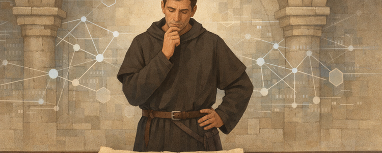 A priest pondering a dilemma with cybernetic symbols behind him.