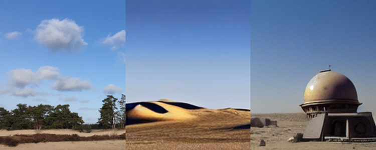 A sequence of images (from left to right): a picture of dunes in the Netherlands, a generated image of Arrakis and a generated image of Tatooine.