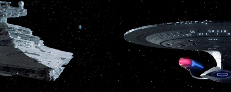 A star destroyer from Star Wars on the left and the Enterprise from Star Trek on the right. Star Wars is the copyright of Disney and Star Wars is the copyright of Paramount Pictures.