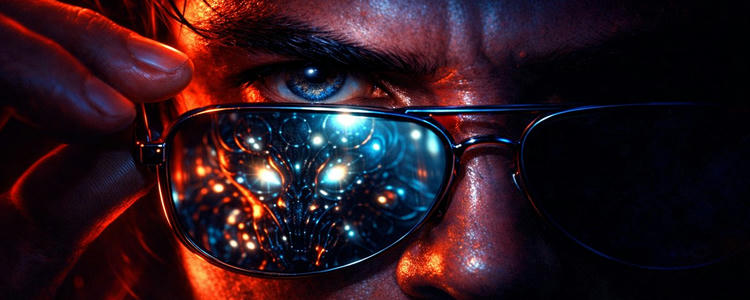 An alien reflected in sunglasses, image inspired by the classic They Live movie poster.